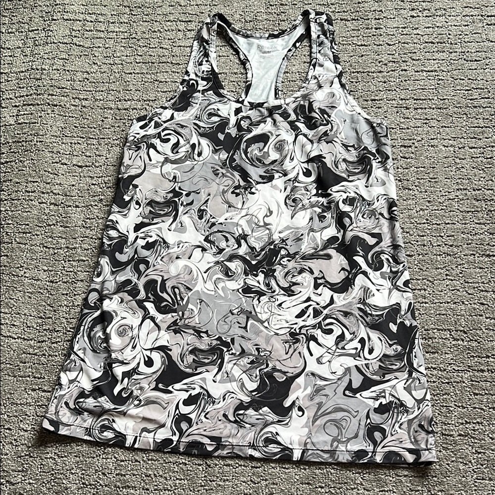 Reebok Women's Black, Gray & White Marble Swirl Athletic Razor Back Tank Top MED